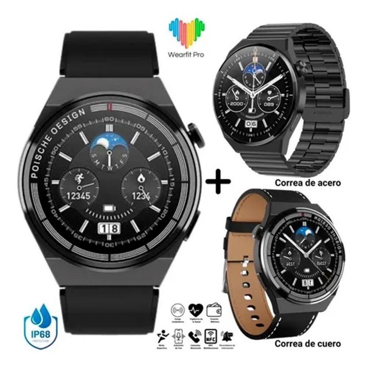 GENERICO - Smartwatch GT3 MAX 3 correas Intercambiales NFC y ChatGPT - Negro