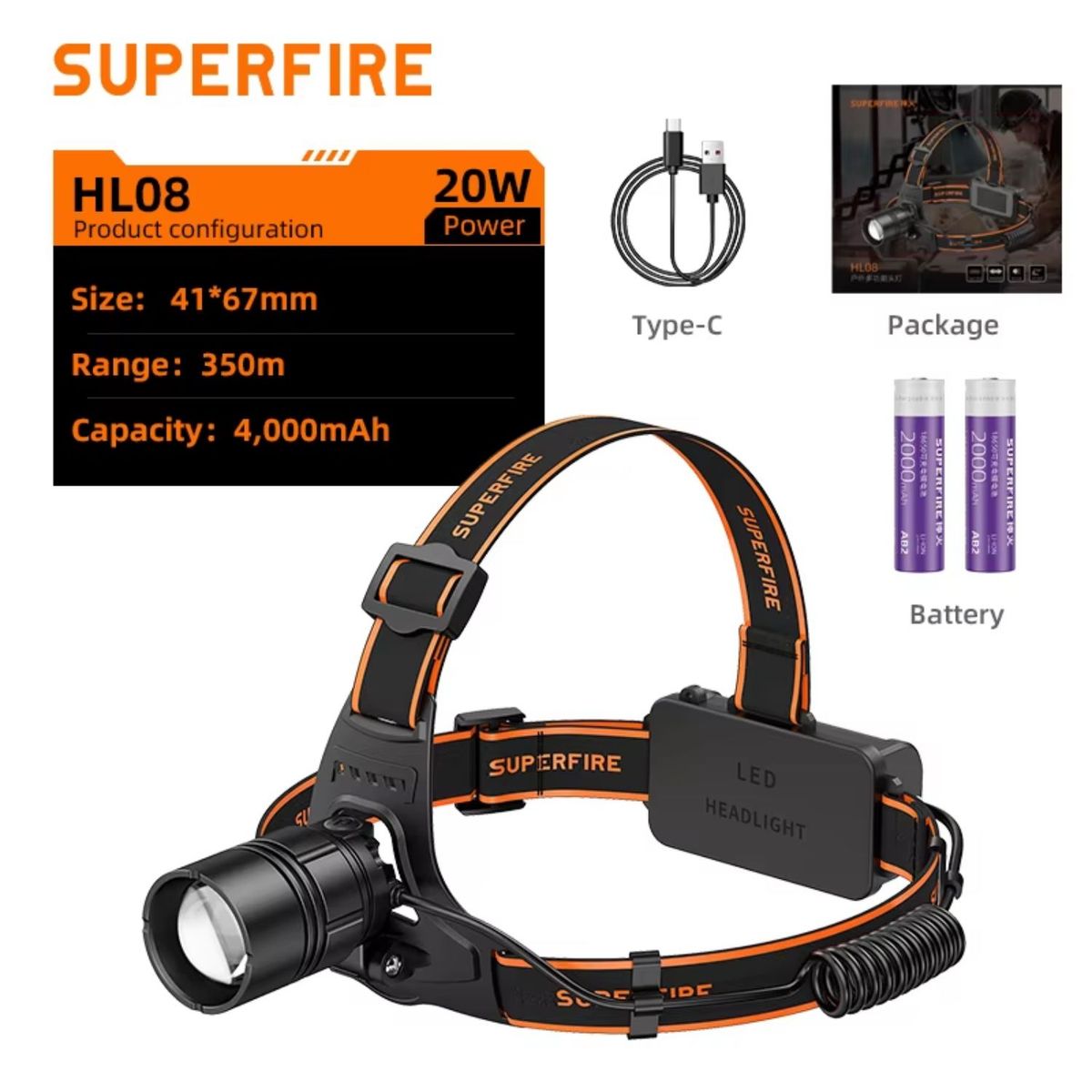 SUPER - Linterna Cabeza Recargable  Superfire HL08 1900LM Alcance 350m