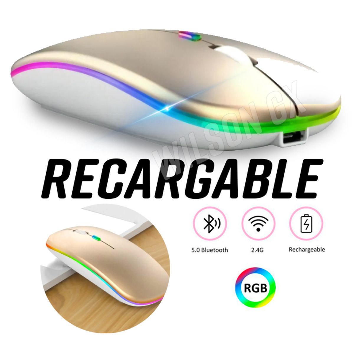 GENERICO - Mouse inalambrico recargable DUAL Bluetooth Dorado + Luces
