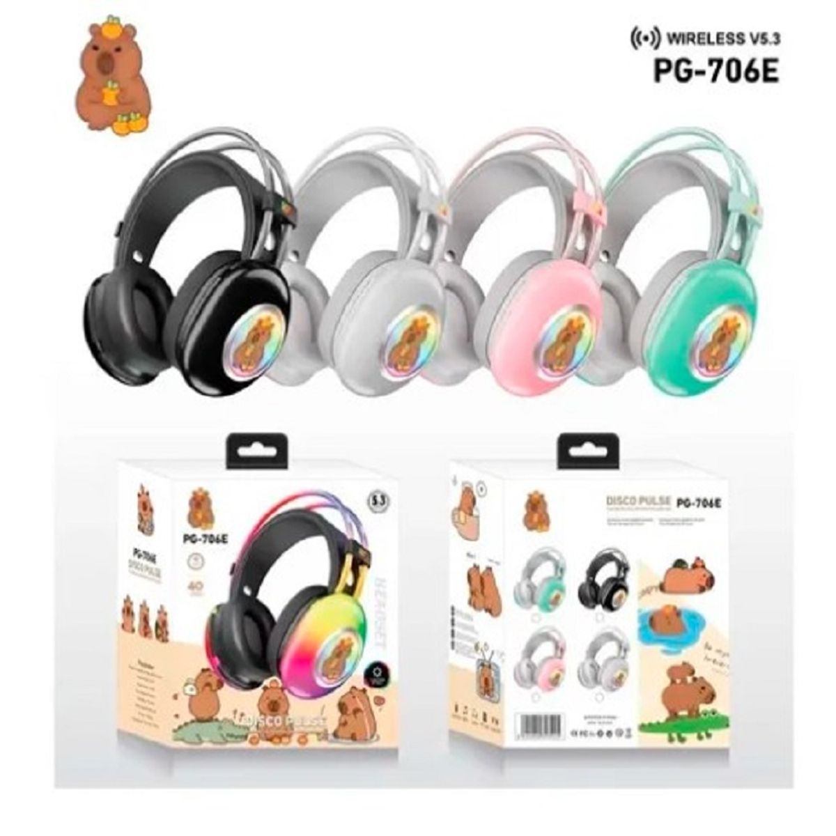 GENERICO - audifono  Inalambrico Bluetooth con rgb capibara-ROSADO