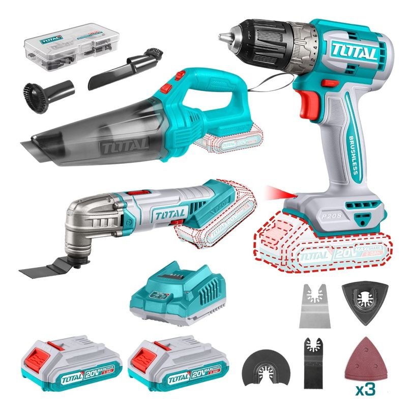 TOTAL TOOLS - Mega Combo Multi herramienta + Aspiradora + Taladro 20V Total