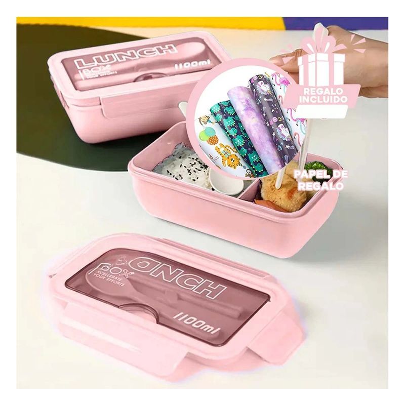 GENERICO - Taper con Diviciones para Comida Rosado Y+Papel de Regalo