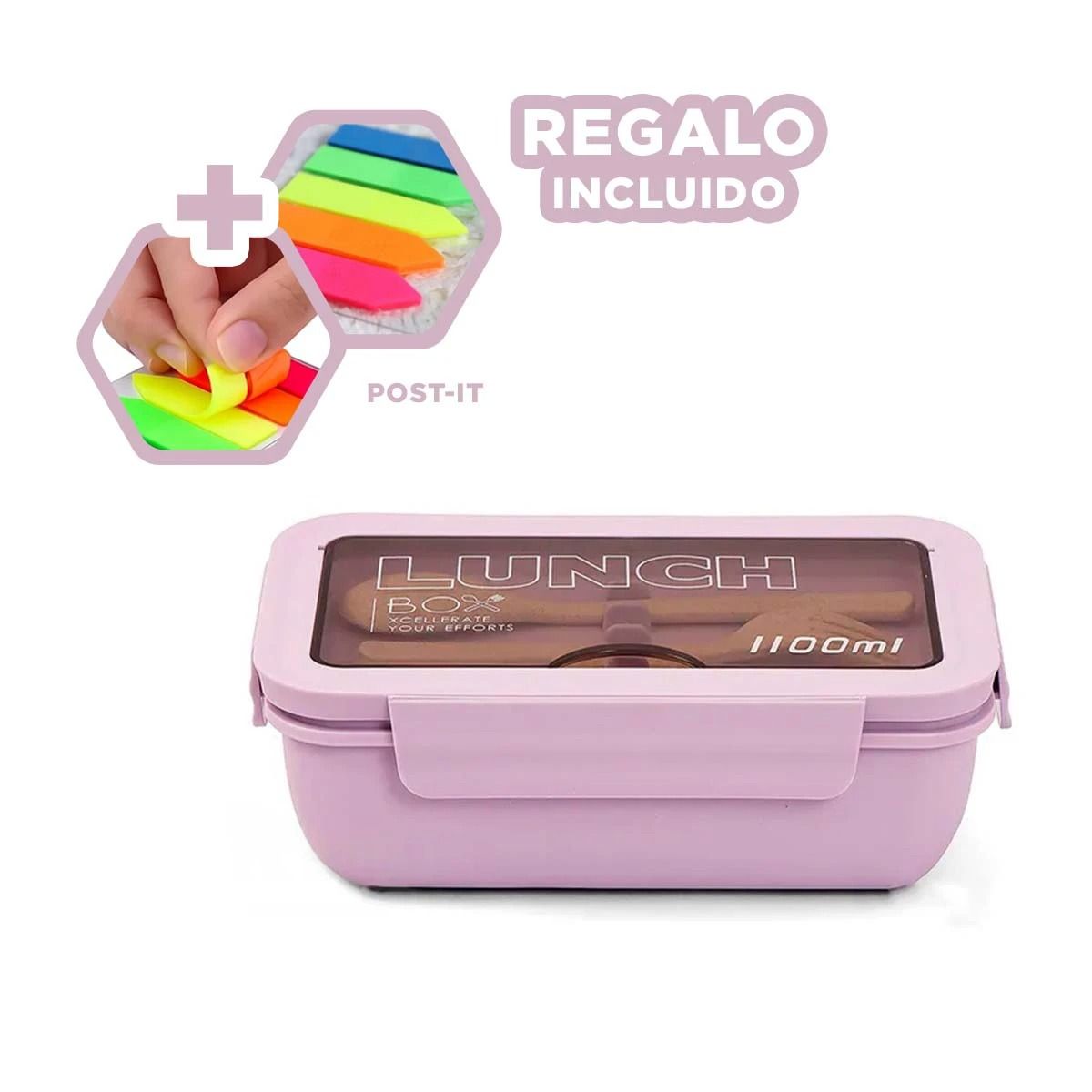 GENERICO - Tupper con Utensilios Color Morado Y+Post-it Adhesivos