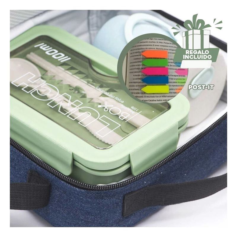 GENERICO - Tupper con Utensilios Color Verde Y+Post-it Adhesivos