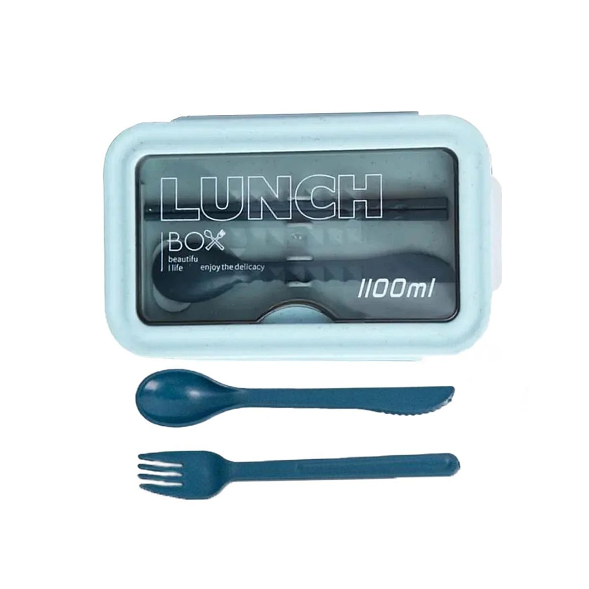 GENERICO - Taper de Plastico 1100ml con Cubiertos en Color Azul