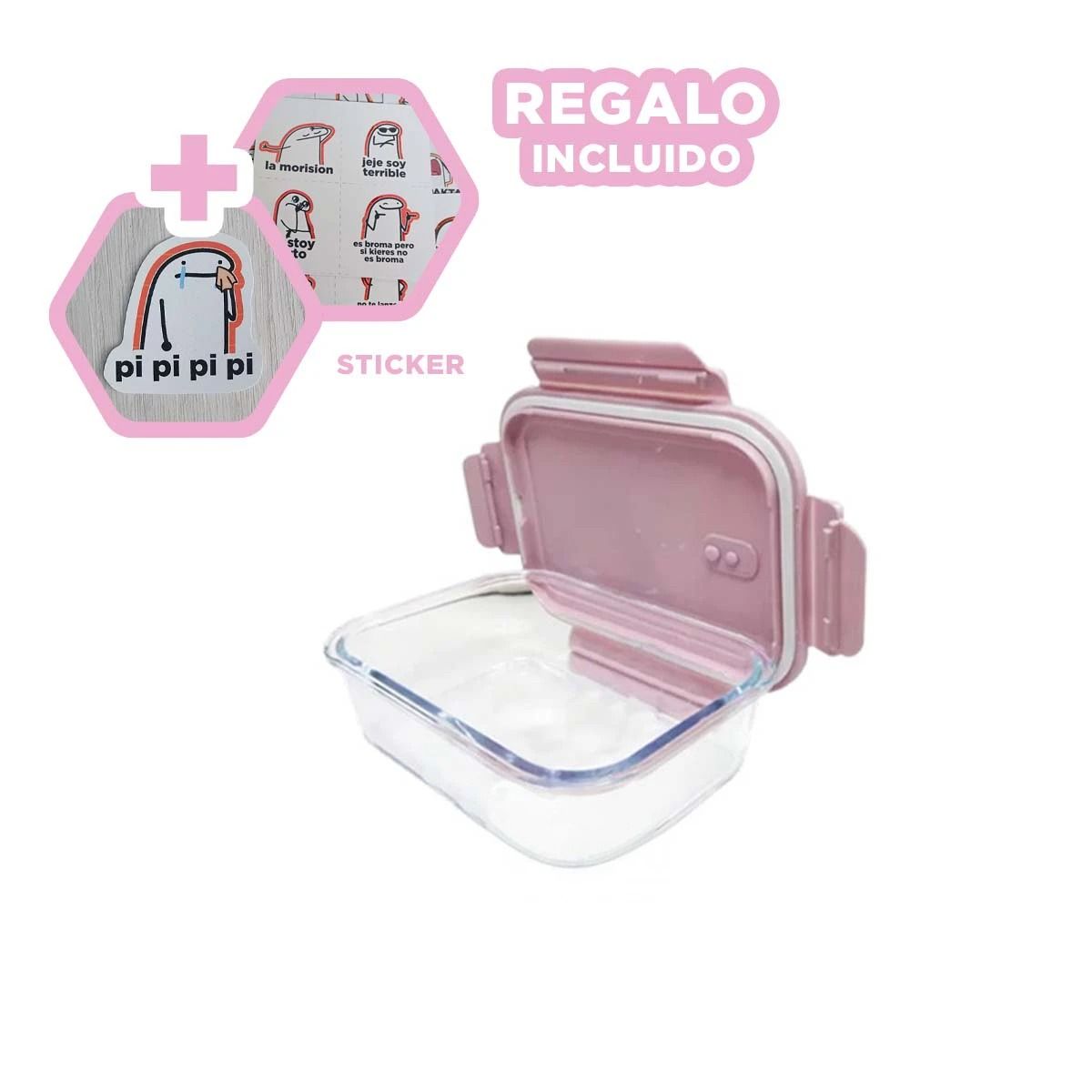 GENERICO - Taper con Ajuste Hermetico 410ml Rosado Y+Regalo Stickers