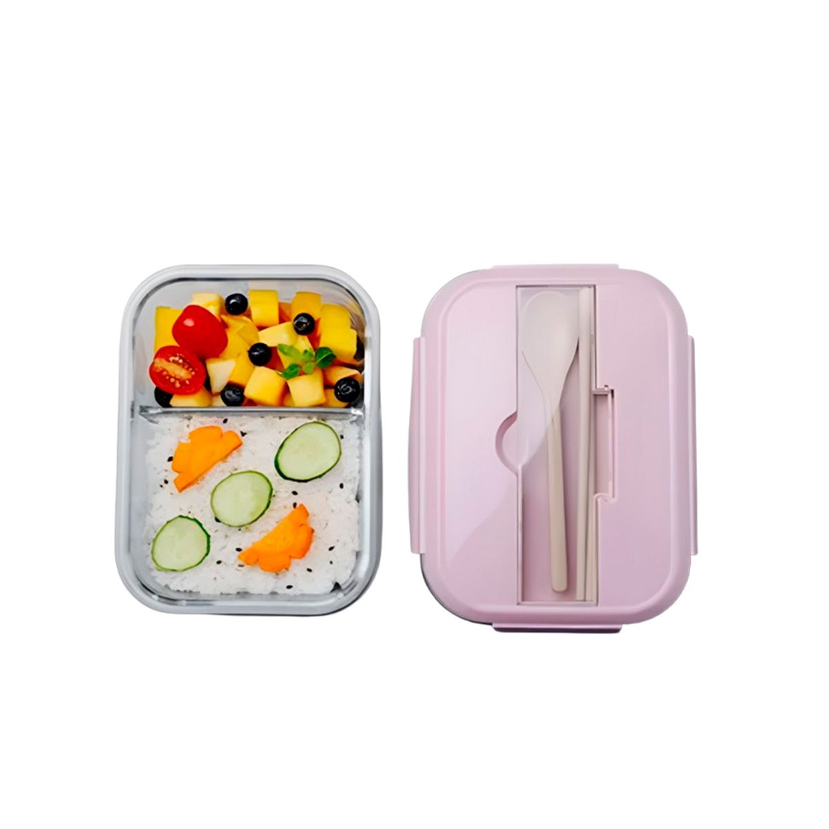 GENERICO - Taper de Vidrio con Cubiertos para Colegio 2div Tapa Rosado