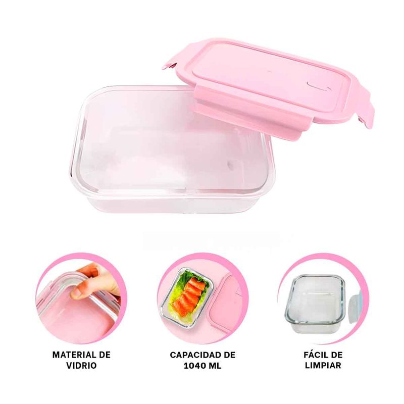 GENERICO - Pack2 Recipiente Resistente Rosado 1040ml Y+Ligas de Regalo
