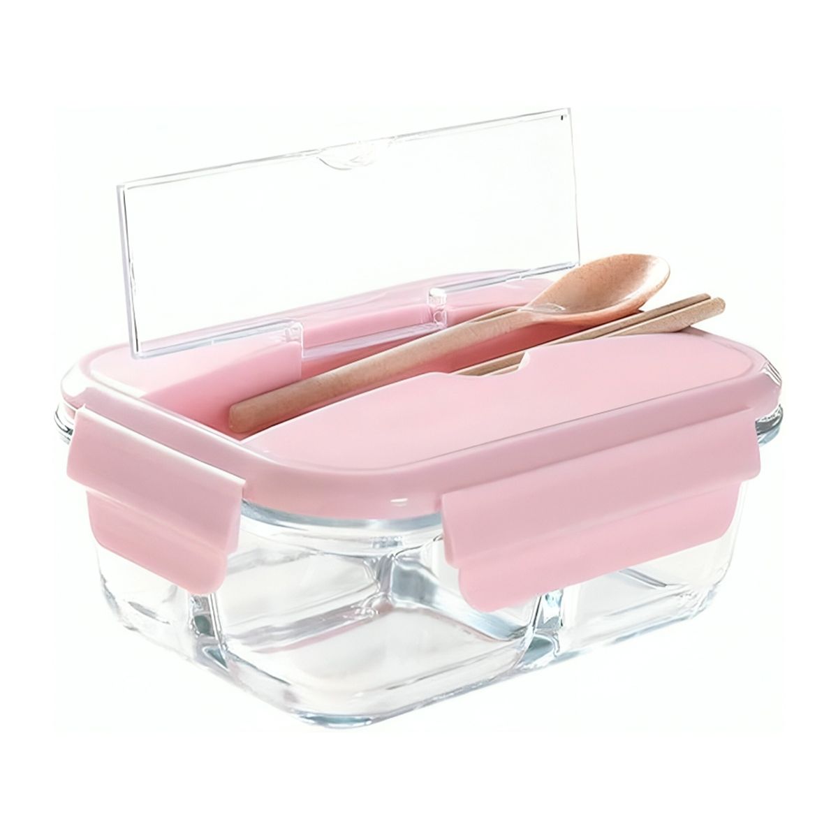 GENERICO - Taper de Vidrio con Cubiertos para Colegio 3div Tapa Rosado