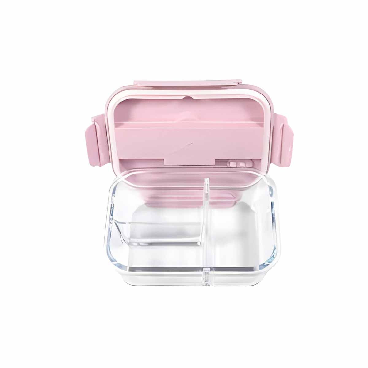 GENERICO - Taper de Vidrio con Cubiertos para Colegio 3div Tapa Rosado