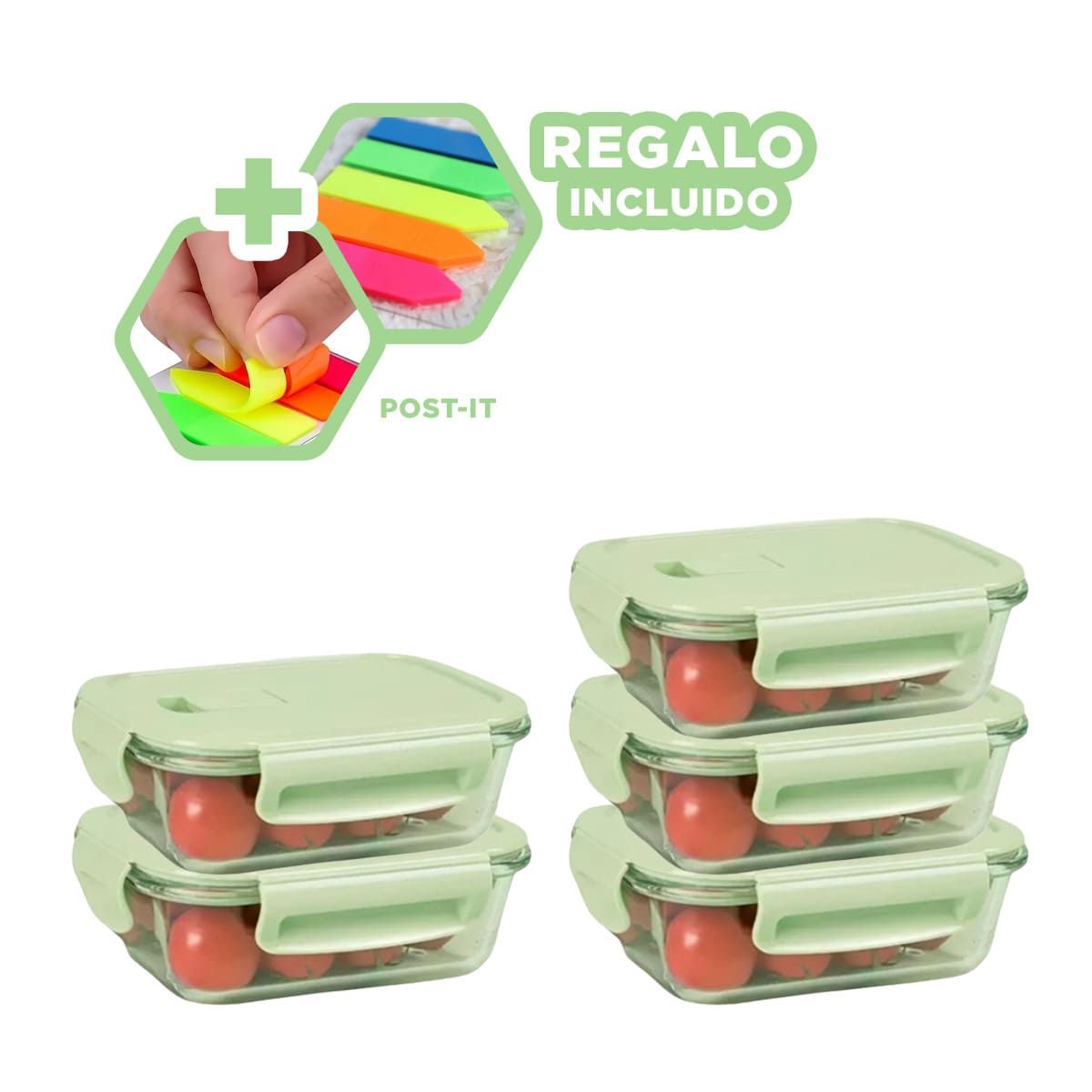 GENERICO - Pack4 Taper de Comida Verde 1040ml Y+Banderitas Adhesivas