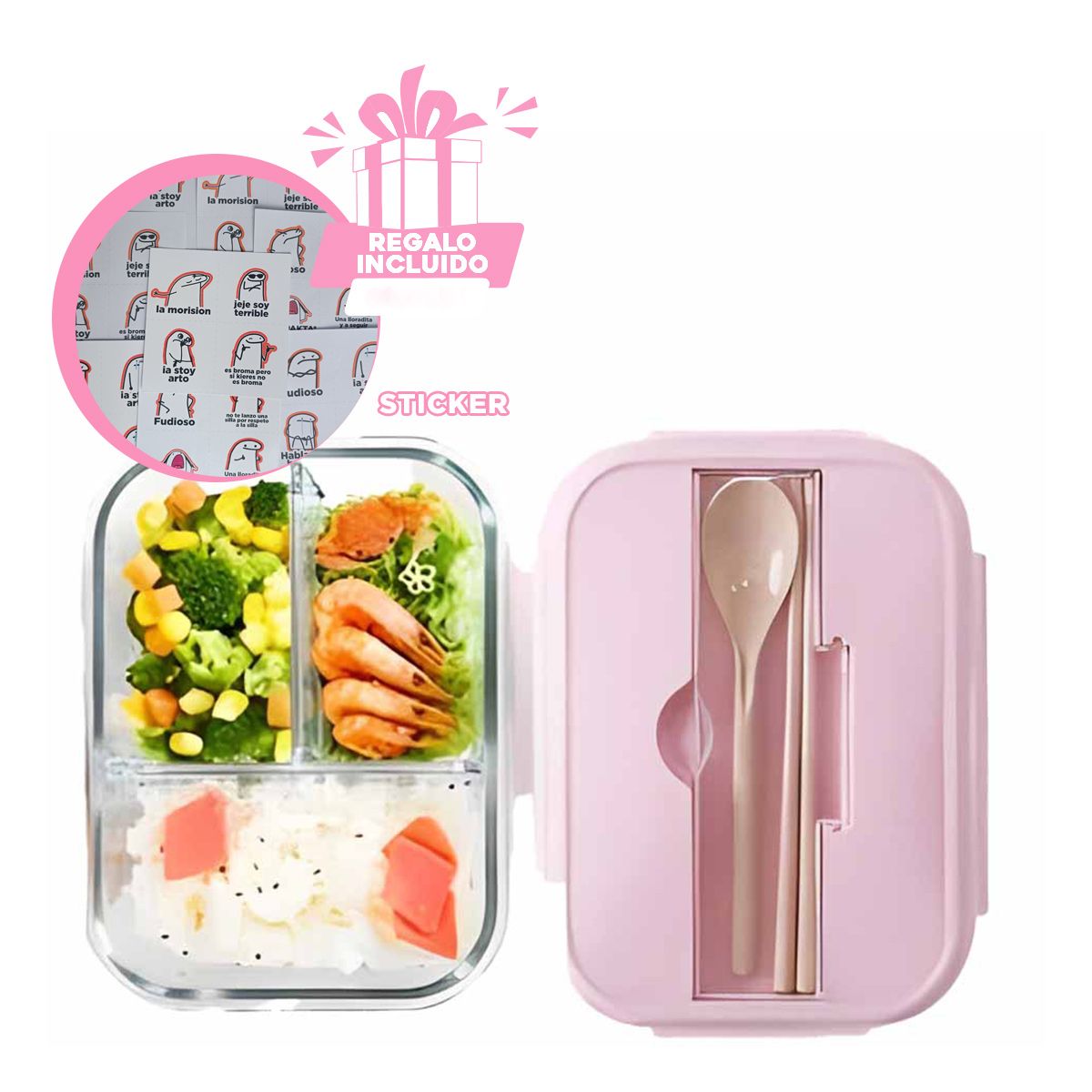 GENERICO - Taper de Vidrio para Oficina 3div Rosado Y+Regalo Stickers
