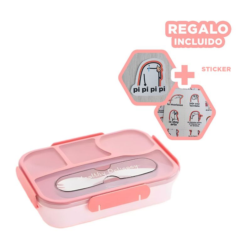 GENERICO - Pack12 Fiambrera con Cubiertos Rosado Y+Regalo Stickers
