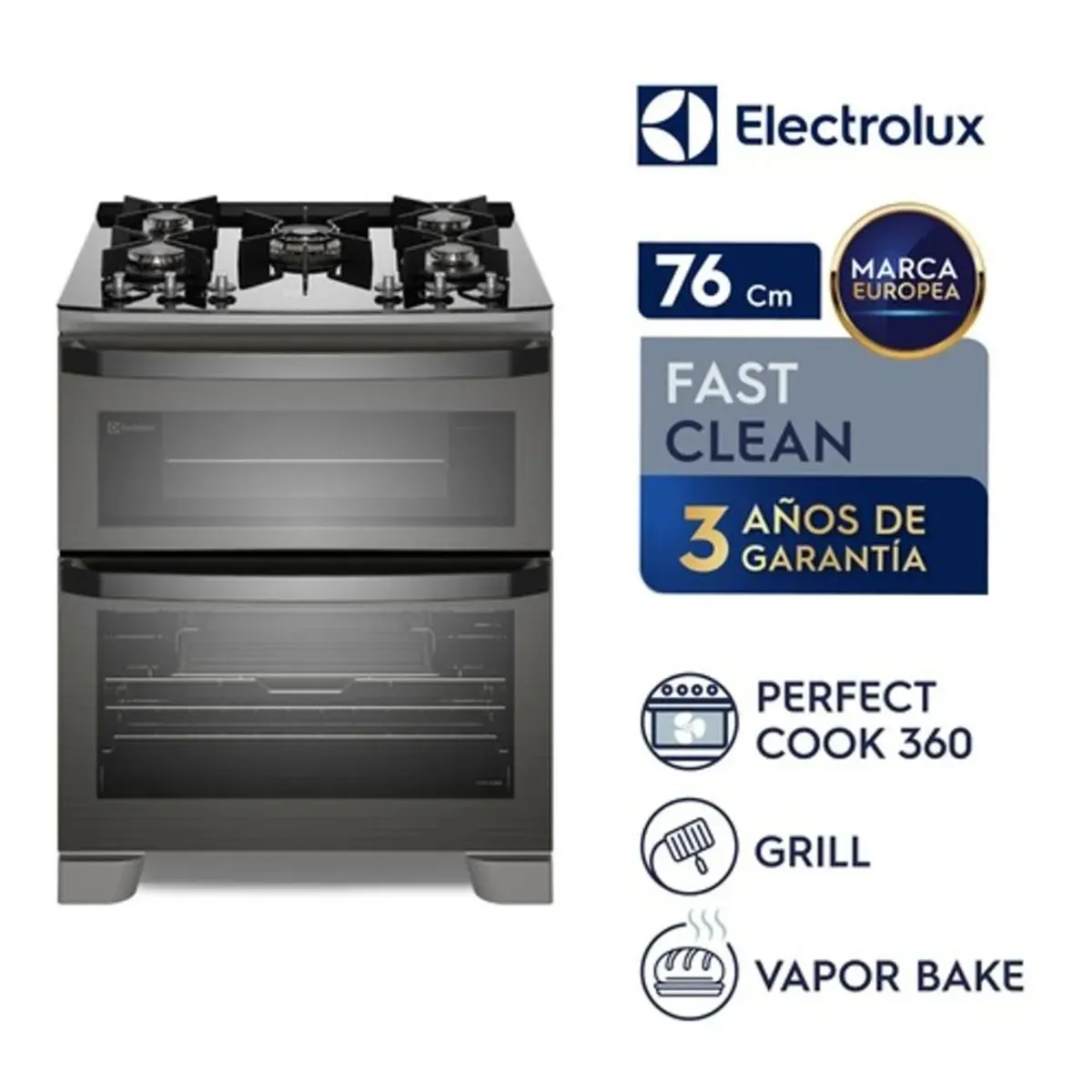 ELECTROLUX - Cocina Electrolux con Doble Horno de 5 Quemadores con Triple Llama 76Cm FE5AD - Negro
