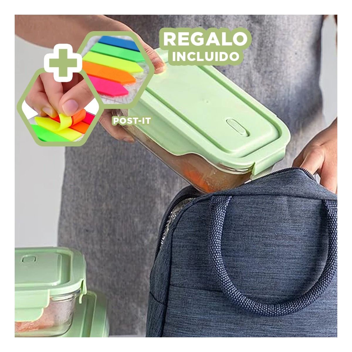 GENERICO - Fiambrera para Comida de Tapa Verde Y+Post-it Adhesivos