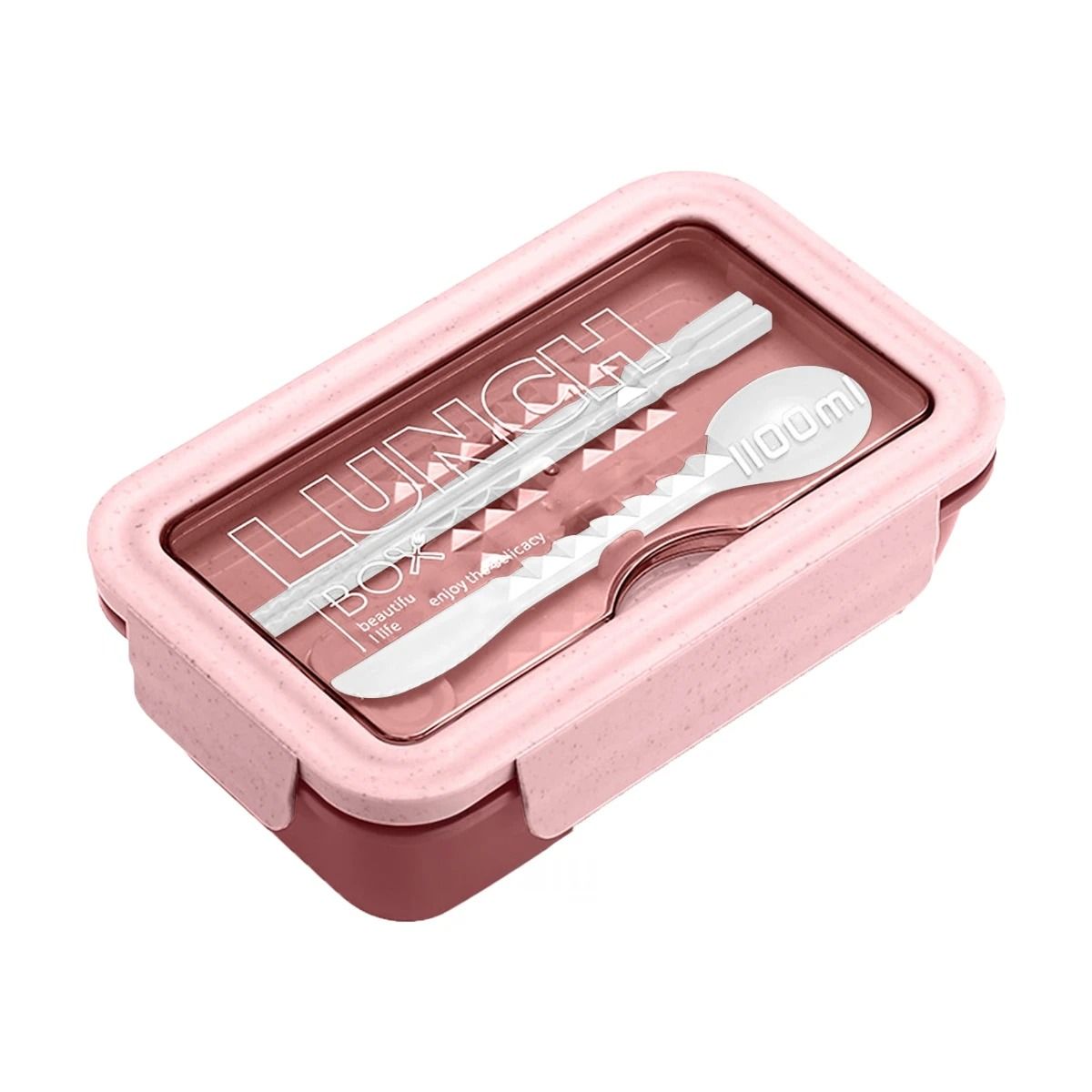 GENERICO - Taper de Plastico 1100ml con Cubiertos en Color Rosado