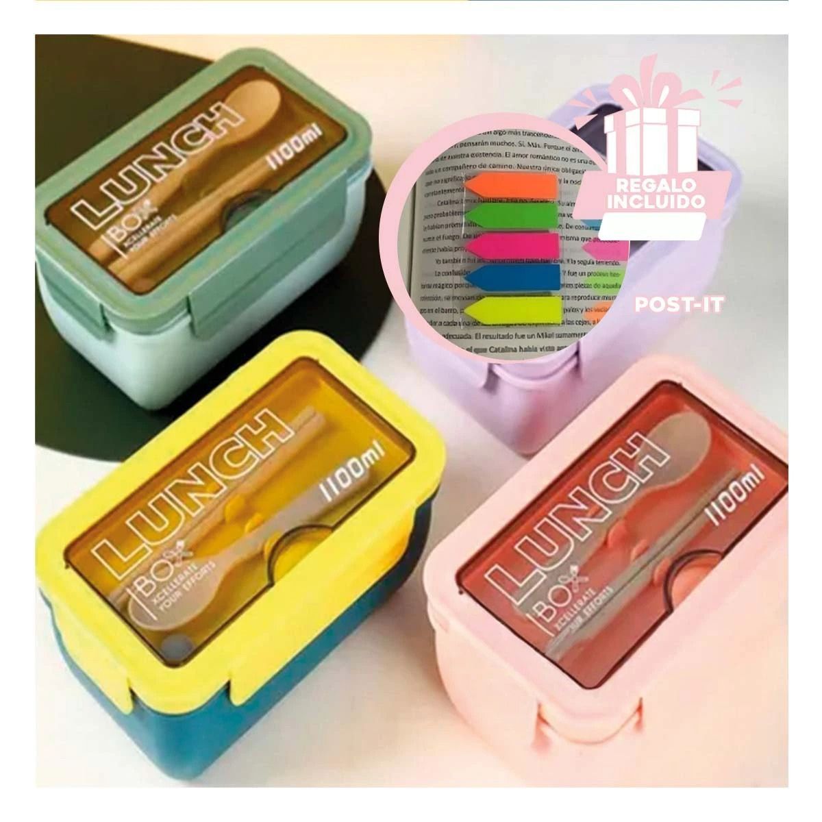 GENERICO - Tupper con Utensilios Color Rosado Y+Post-it Adhesivos