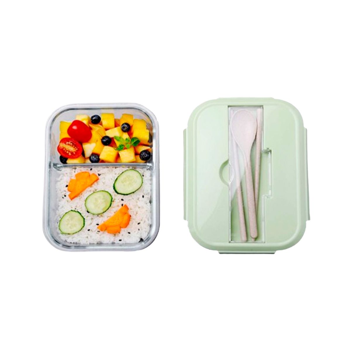 GENERICO - Taper de Vidrio con Cubiertos para Colegio 2div Tapa Verde