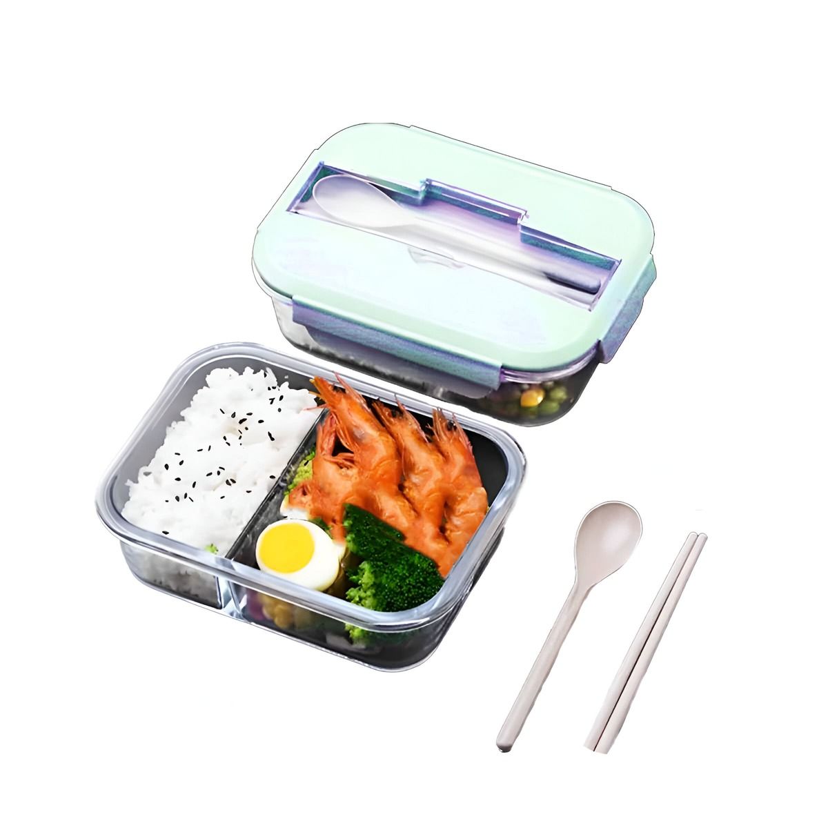 GENERICO - Taper de Vidrio con Cubiertos para Colegio 2div Tapa Celeste