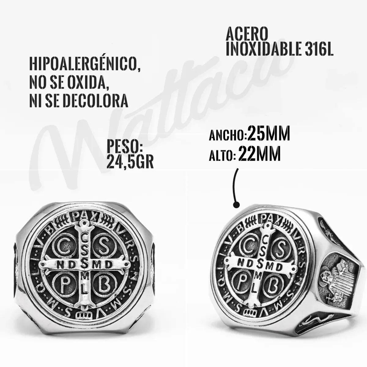 WATTACA - Anillo de Cruz San Benito Acero Premium 316L - Wattaca