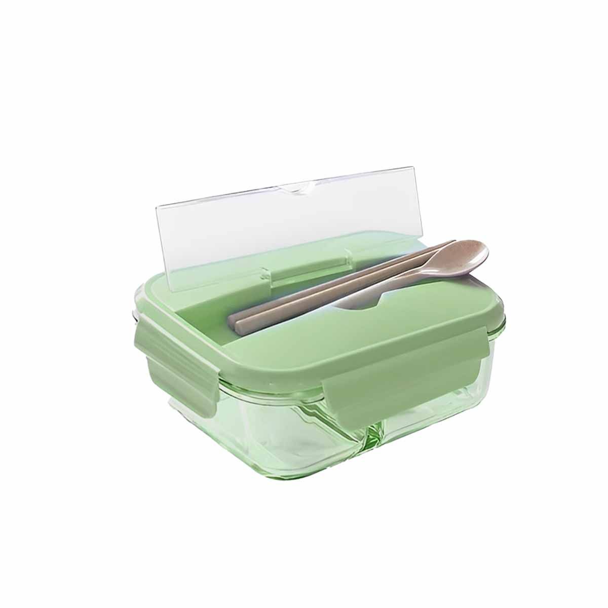 GENERICO - Taper de Vidrio con Cubiertos para Colegio 3div Tapa Verde