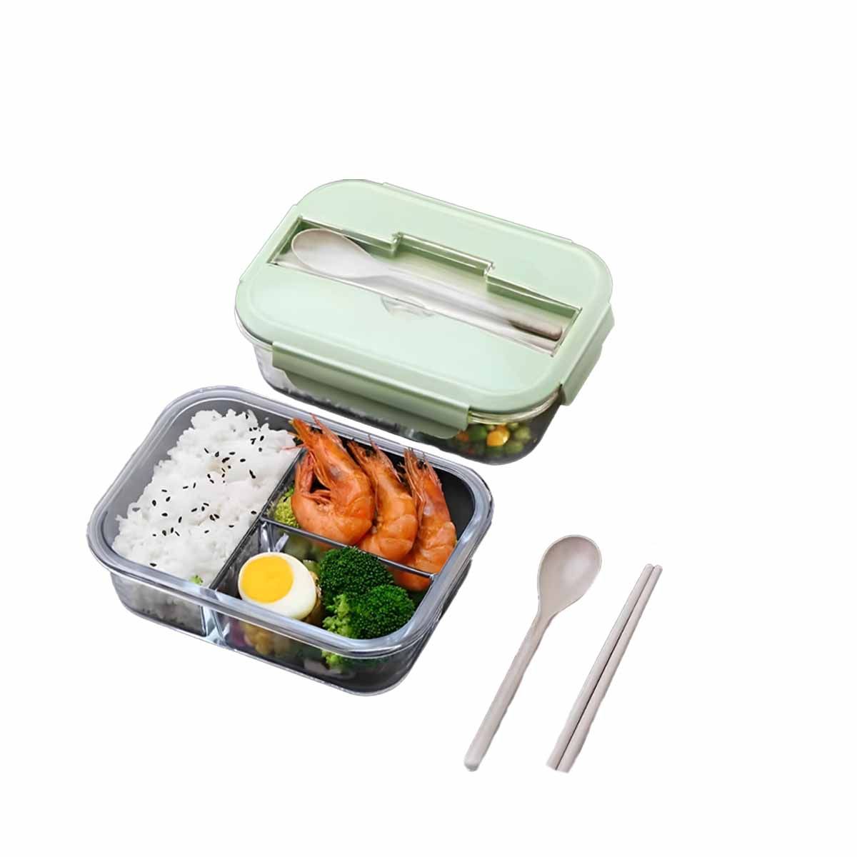 GENERICO - Taper de Vidrio con Cubiertos para Colegio 3div Tapa Verde