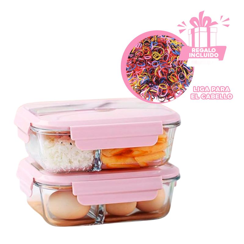 GENERICO - Fiambrera con Utensilios 3div Rosado Y+Ligas de Regalo