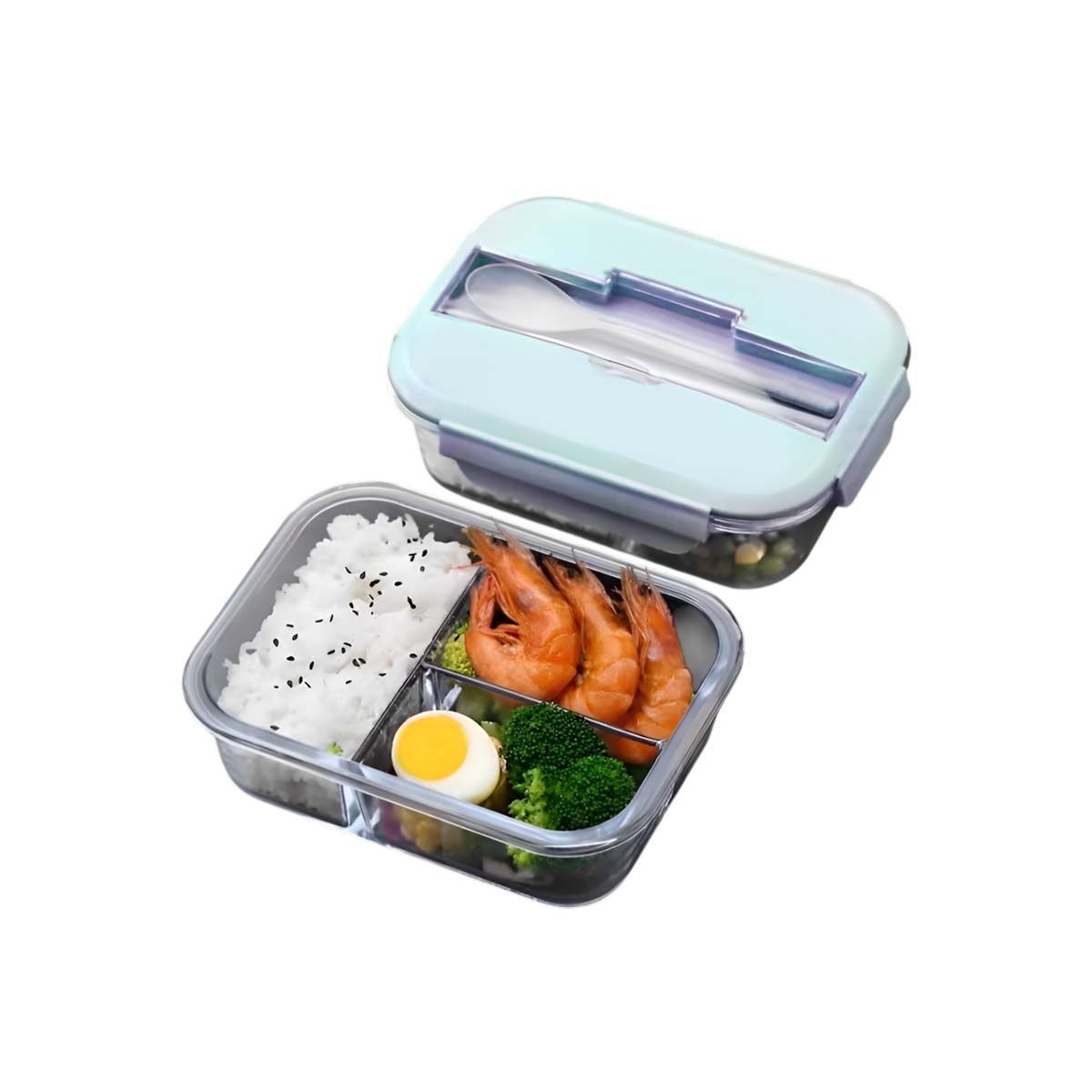 GENERICO - Taper de Vidrio con Cubiertos para Colegio 3div Tapa Celeste