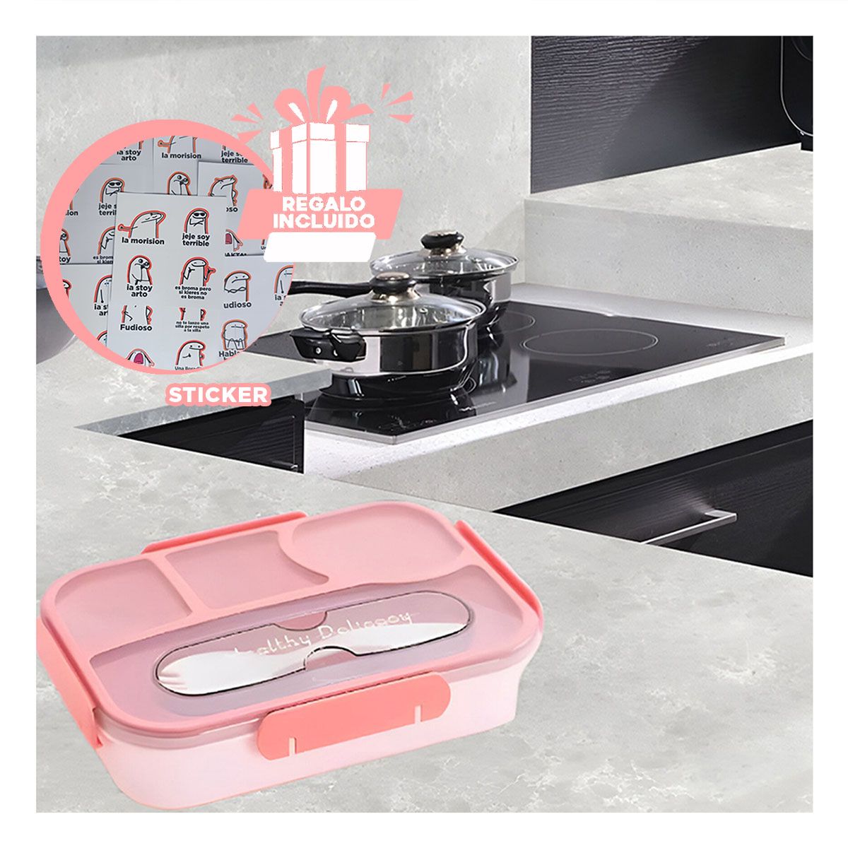 GENERICO - Taper Versatil de 1100ml Rosado Y+Regalo Stickers