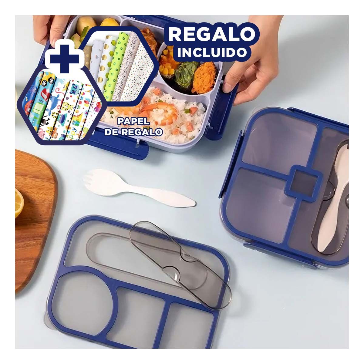 GENERICO - Pack6 Fiambrera con Cubiertos Azul Y+Papel de Regalo