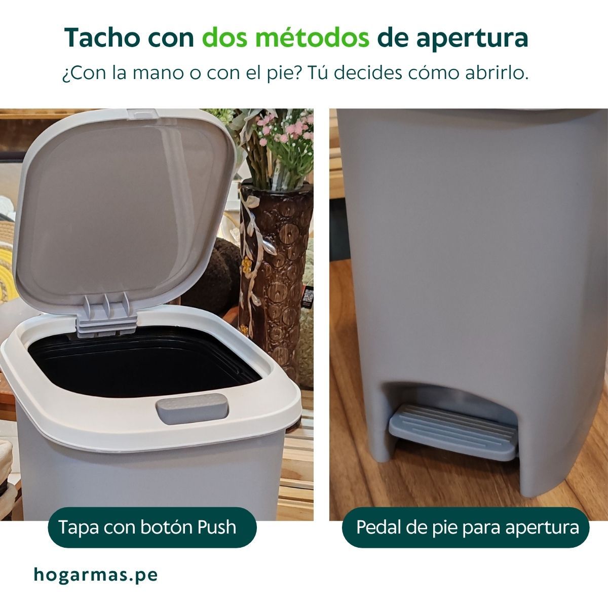 HOGARMAS - Tacho PALERMO con Doble Apertura Pedal Touch Gris
