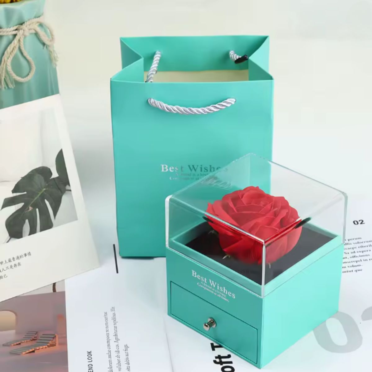 GENERICO - Mini Cofre con Rosa Eterna con Accesorios Sorpresa Turqueza