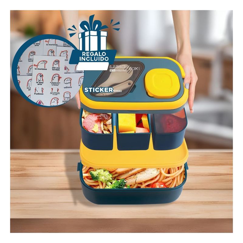 GENERICO - Pack12 Tupper 2 Pisos para Colegio en Azul Y+Regalo Stickers