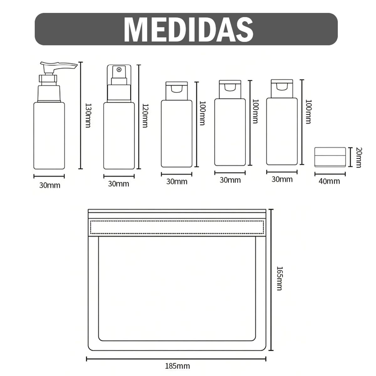 GENERICO - Kit de 7 botellas de viaje contenedores portátiles