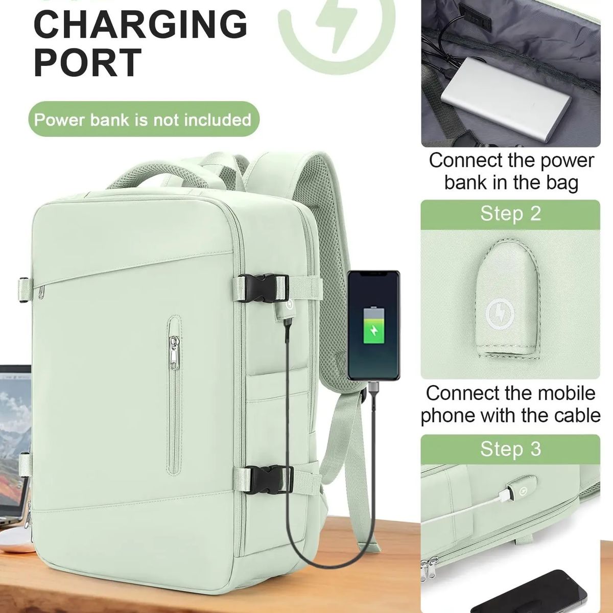 GENERICO - Mochila Viajera Cabinera Compartimiento Laptop Verde Agua