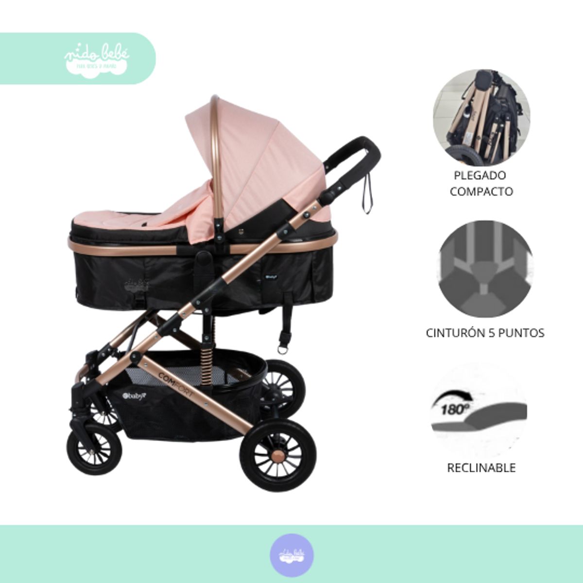 BABY - Coche Moises de bebés modelo premium Nate pink