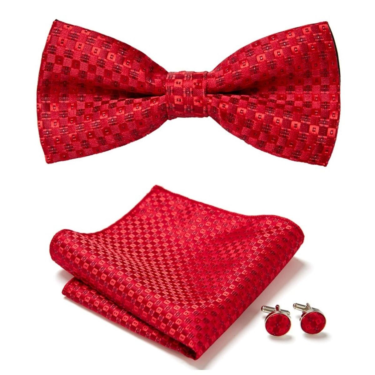 KAST PE - Set de corbata michi jacquard Crimson con pañuelo y gemelos