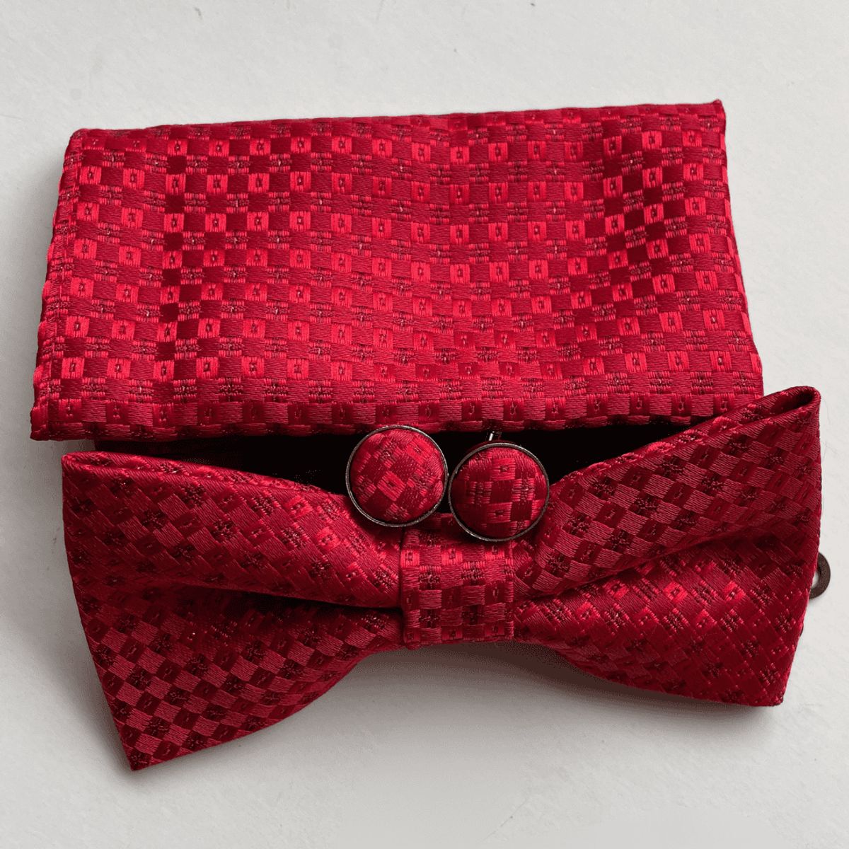 KAST PE - Set de corbata michi jacquard Crimson con pañuelo y gemelos