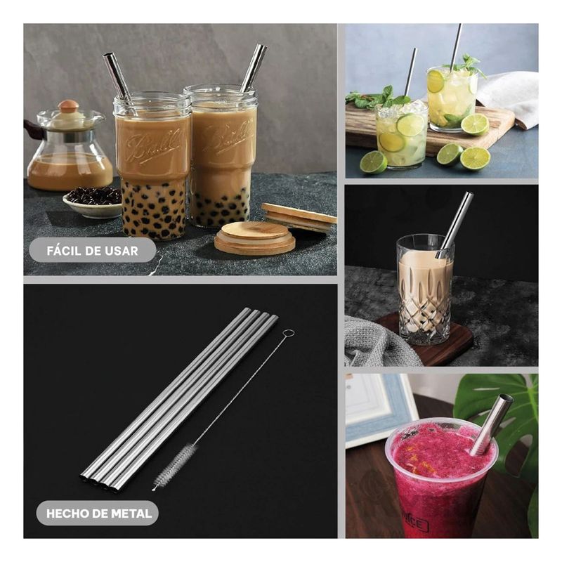 GENERICO - Pack4 Cañitas de Metal 4 y 1 Limpia Cañita Y+Regalo Agendita
