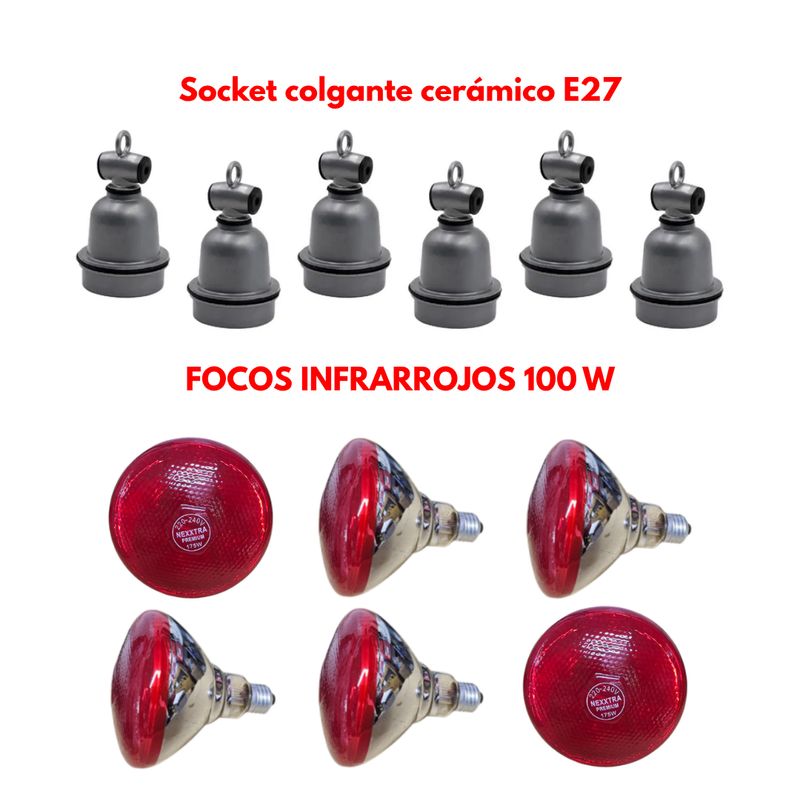 GENERICO - PACK 6 SOCKET CERÁMICO MODELO E27 Y 6 FOCO INFRARROJO 100W