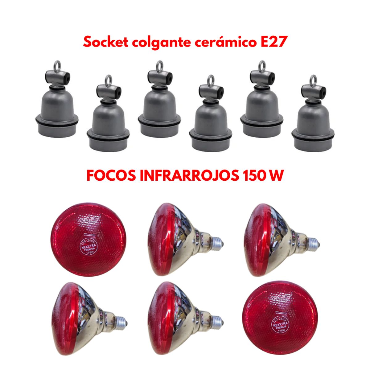 GENERICO - PACK 6 SOCKET CERÁMICO MODELO E27 Y 6 FOCO INFRARROJO 150W