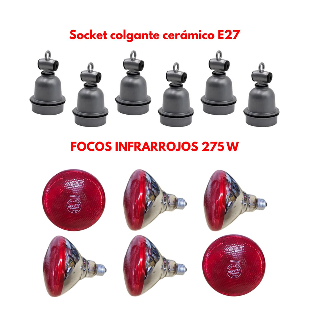 GENERICO - PACK 6 SOCKET CERÁMICO MODELO E27 Y 6 FOCO INFRARROJO 275W