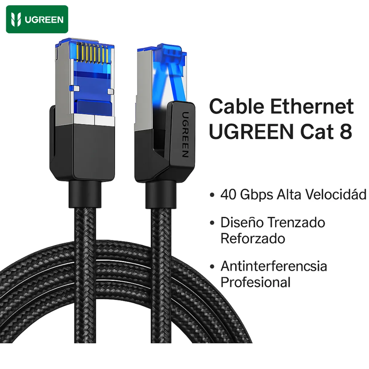 UGREEN - Cable Ethernet UGREEN Cat 8 2 Metros Trenzado - 40 Gbps Alta Velocidad