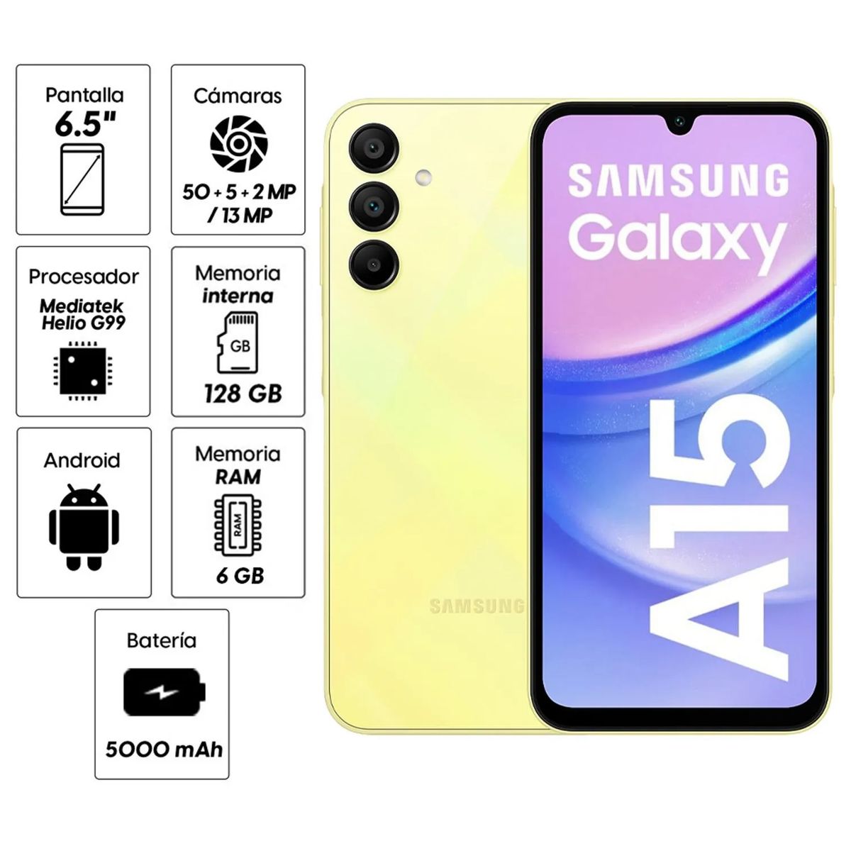 SAMSUNG - Celular Samsung Galaxy A15 128GB 6GB ram 50MP frontal 13MP 6,5 Pulg Amarillo