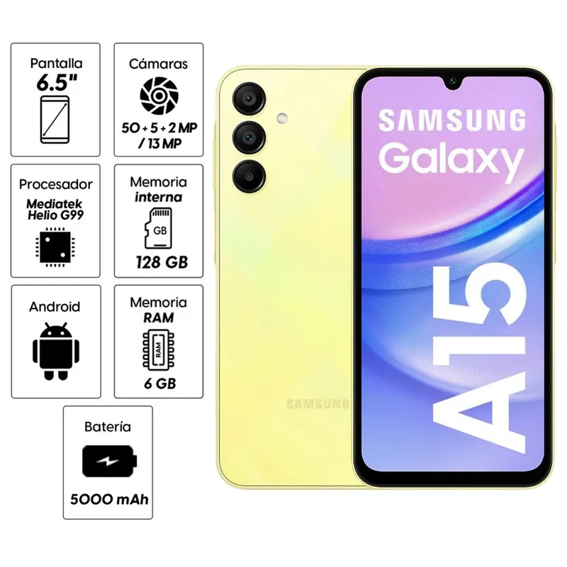 SAMSUNG - Celular Samsung Galaxy A15 128GB 6GB ram 50MP frontal 13MP 6,5 Pulg Amarillo