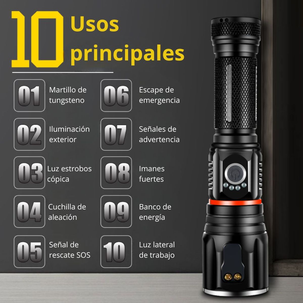 GENERICO - Linterna Táctica LED Recargable con Martillo Zoom y Luz de Emergencia