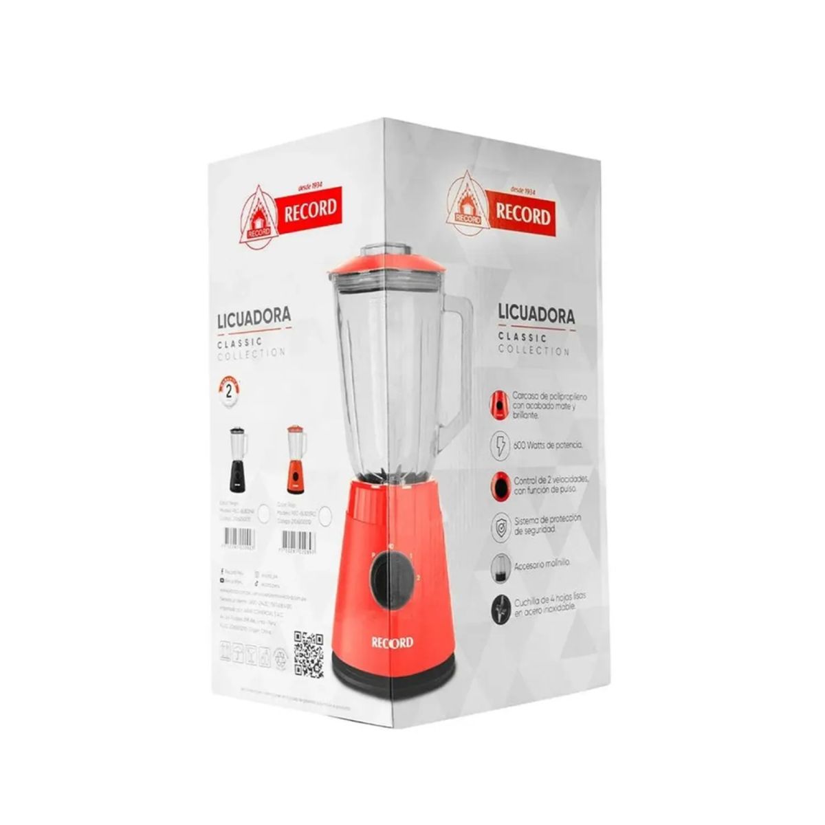 RECORD - Licuadora Record 600W Roja 2 Velocidades Modelo REC-BL822RO