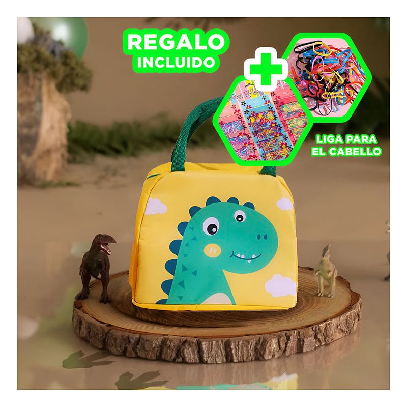 GENERICO - Pack4 Lonchera de Poliester Dinosaurio Ama Y+Ligas de Regalo