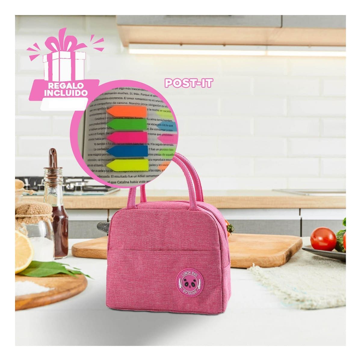 GENERICO - Porta Alimentos Termico en Color Rosado Y+Post-it Adhesivos