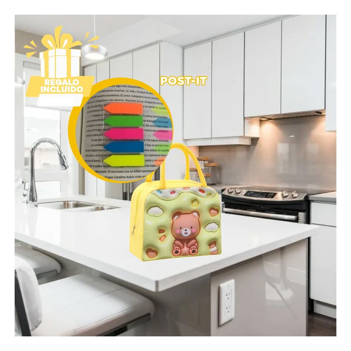 GENERICO - Porta Alimentos Diseño de Oso Amarillo Y+Post-it Adhesivos